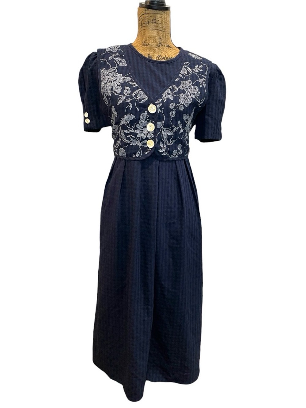 Vintage Navy blue floral embroidered vest dress with puffed sleeves and tie back